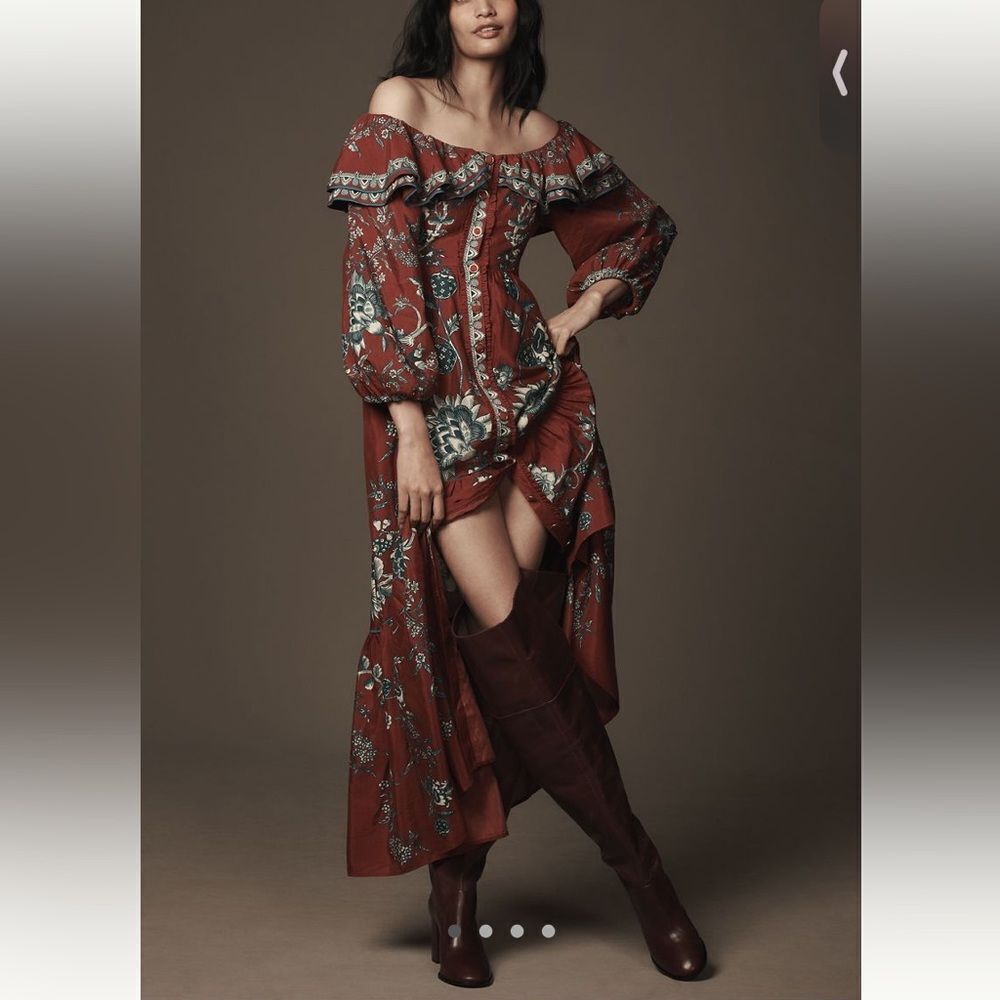 FARM Rio Long Sleeve Dress Off the Shoulder Ruffle Maxi Dress
